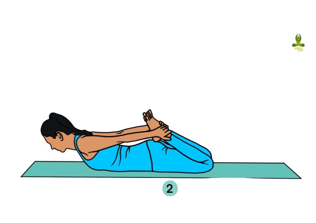 second step of Dhanurasana (Bow Pose) - Yoga for a Flat Tummy