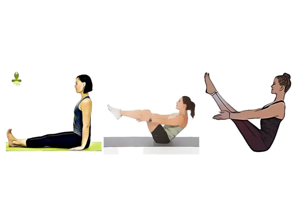 All three steps of Navasana or Boat Pose - benefits of yoga