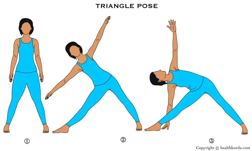 All three steps of Trikonasana or Triangle pose - yoga for hamstrings and glutes