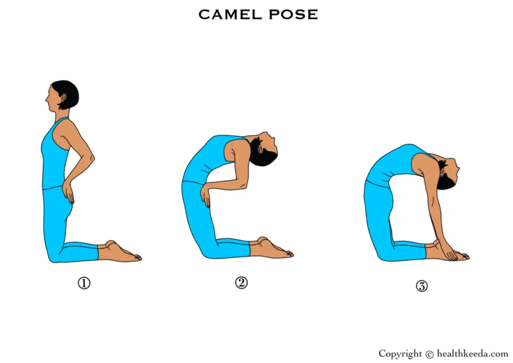All three steps of  Camel pose or Ustrasana - yoga for anxiety and stress