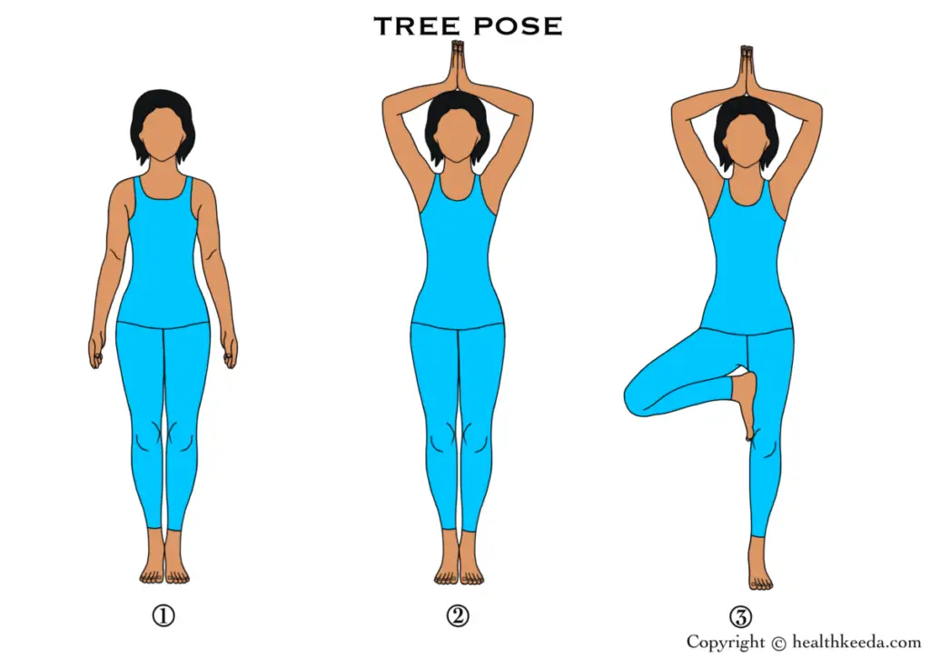 All three steps of Vrikshasana or Tree pose - yoga to improve memory power