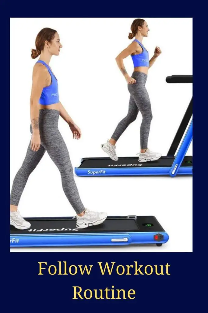 A girl in blue top and grey bottoms running on treadmill - Get Fit at Home